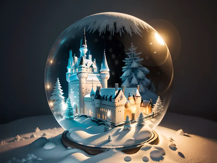 "Generate an ultra-high definition image of a snow globe capturing a zoomed-in view of an old castle enveloped in a mesmerizing snowstorm. Utilize advanced macro photography techniques to ensure every delicate detail of the snow globe is exquisitely render...