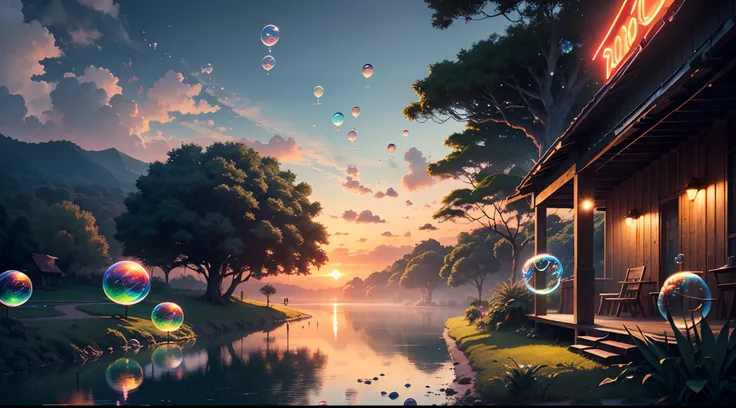 landscape, sunset, ((silver clouds)), jungle, giant tropic trees, (((neon soap bubbles)))