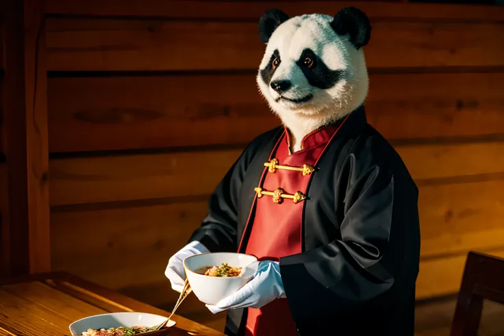 A panda chef dressed in Chinese-style clothes、Town