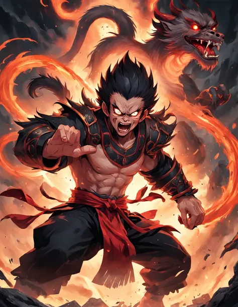 tmasterpiece，Ultra photo realsisim，32K resolution，Excellent painting in extreme detail，best qualtiy，Wukong:Chinese legends of gods and demons，Dark horror theme:1.3，（Monkey Head Black General，Angry，Fighting posture，red eyes，Black clothes，redcloak，with short...