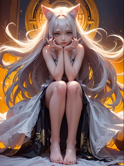 teens girl，Cat demon，(Cat ears),(Beautiful feet), (Beautiful fingers),long whitr hair,glowing light eyes,glowing hairs, (Ultra-detailed hand close-up), ((Detailed close-up of the face)), (Light silk), (Glazed tulle),(Subtle warm light), (Extremely colorful...