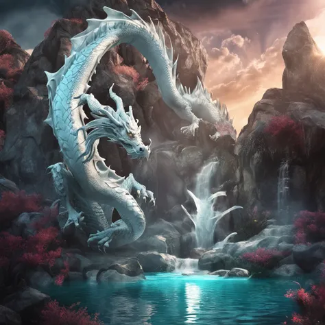 1white dragon, lake and water, Best quality, Masterpiece, 超高分辨率, (photograph realistic:1.4), surrealism, Dream-like,fusionart, Shadowdancer, shadow magic, darkness control, stealth, shadowstep, umbral spells, hidden blade,