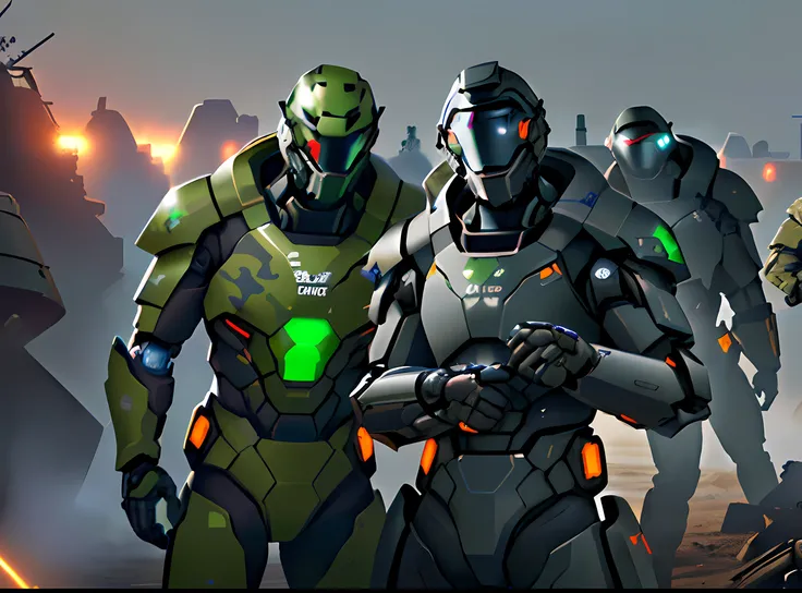 Two ((brothers: 1.4)) pose for a pre-battle picture while soldiers in the background move to and fro. Everyone is wearing the (matte dark grey and green camo) ((powered cybernetic battle armor: 1.3)) of the United Terran Space Force. The dull golden glow o...