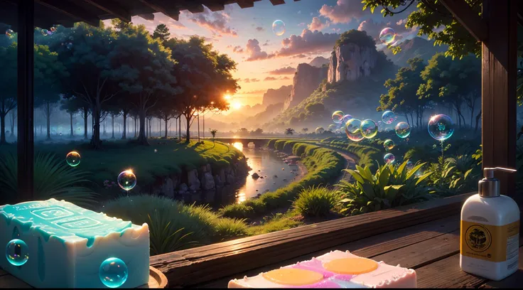 landscape, sunset, ((silver clouds)), jungle, giant tropic trees, (((neon soap bubbles)))