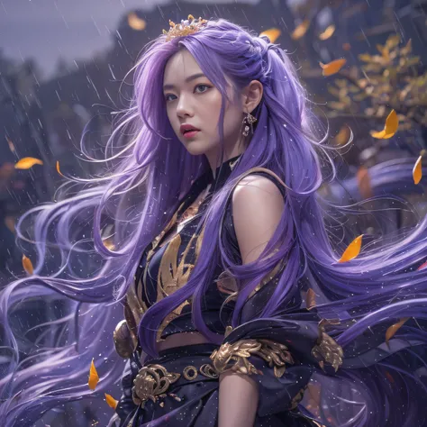 32K（tmasterpiece，k hd，hyper HD，32K）Long flowing bright purple hair，Autumn Pond，zydink， a color，  Asian people （Silly girl）， （Silk scarf）， Combat posture， looking at the ground， long whitr hair， Floating bright purple， Fire cloud pattern gold tiara， Chinese...