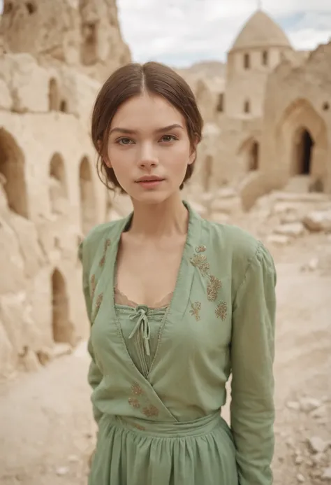 120mm photograph medium format film photography Kodak portra young, Russian Girl, 22yo, green tight outfit, tall woman, beauty. Background Cappadocia, Joyful, Emphasisers, Muted Colours, Hasselblad