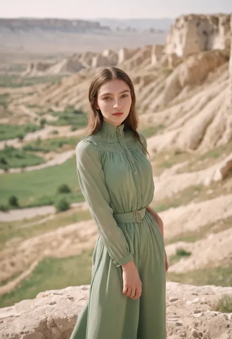 120mm photograph medium format film photography Kodak portra young, Russian Girl, 22yo, green tight outfit, tall woman, beauty. Background Cappadocia, Joyful, Emphasisers, Muted Colours, Hasselblad