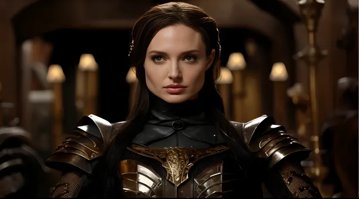 a close up of a woman in armor with a sword, wearing witchblade armor, villainess, wearing sleek armor, in leather armor, angeline jolie, still from a fantasy movie, doom beautiful face, movie still of a villain cyborg, girl in knight armor, gorgeous femal...