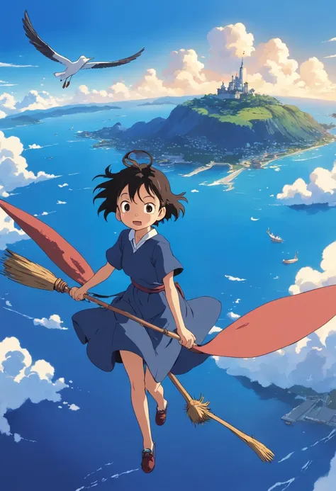 masutepiece, Bird View, Best Quality, Movie Still, One girl riding a flying broom, Seagull, Below is the blue sea and the island, kikis delivery service, miyazakis animated film, Ghibli Anime, Clouds in the sky, Blue sky, close-up, Bright, Happy, Warm and ...