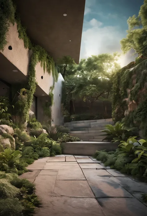 Natural garden landscape with plants around with loose stone floor and with stone wall and luxurious vertical garden behind and free space in the center of the image with clear sky