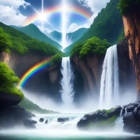 falls、Overflowing water、no person、Mystical scenery、Uncharted、Vivid rainbow、shining light、Big rainbow、Angel Spot、Falling light、very beautif