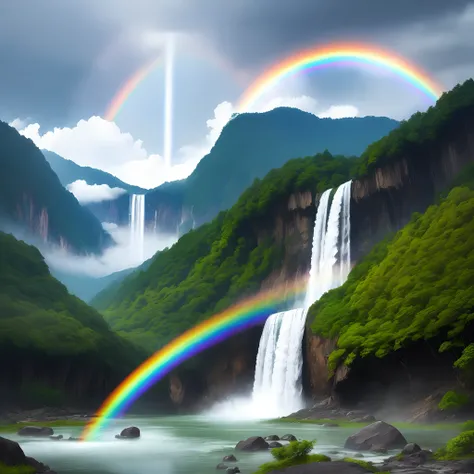 falls、Overflowing water、no person、Mystical scenery、Uncharted、Vivid rainbow、shining light、Big rainbow、Angel Spot、Falling light、very beautif