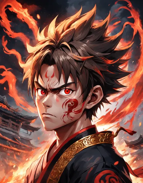 tmasterpiece，Ultra photo realsisim，32K resolution，Excellent painting in extreme detail，best qualtiy，Wukong:Chinese legends of gods and demons，Dark horror theme:1.3，（Monkey Head Black General，Angry，red eyes，Black clothes，redcloak，with short brown hair，Gold ...