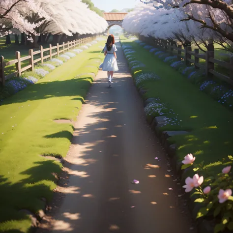 "(best qualtiy+extreme hight detail) Quiet stone path，Meandering up，Gaze at those pear blossoms。Blooming flowers one by one，Beautiful。Under the sunlight，The flowers are full of sweet fragrance，Its like a race，unrestrained，Free。"A young girl