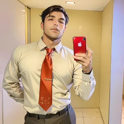 there is a man posing in front of mirror, red shiny necktie with golden necktie clip and rafflesia flower brooch on necktie, sto...