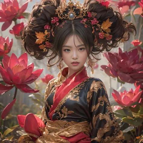 32K（tmasterpiece，k hd，hyper HD，32K）Large curls，Flowing rouge，ponds，zydink， a color，  Asian people （Silly girl）， （Silk scarf）， Combat posture， looking at the ground， Large roll rouge， Flowing rouge curls， Crocodile leather tiara， Chinese long-sleeved black ...