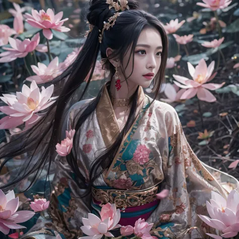 32K（tmasterpiece，k hd，hyper HD，32K）Long flowing black hair，ponds，zydink， a color，  Asian people （Silly girl）， （Silk scarf）， Combat posture， looking at the ground， long whitr hair， Floating hair， Carp pattern headdress， Chinese long-sleeved clothing， （abstr...