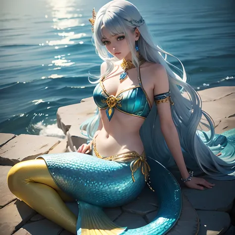 Yellow-blue hair，The yellow and blue clothes are embellished with silver jewelry，Its a cute mermaid beautiful girl --auto