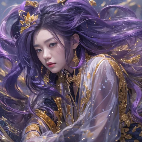 32K（tmasterpiece，k hd，hyper HD，32K）Long flowing bright purple hair，Autumn Pond，zydink， a color，  Asian people （Silly girl）， （Silk scarf）， Combat posture， looking at the ground， long whitr hair， Floating bright purple， Python pattern gold headdress， Chinese...