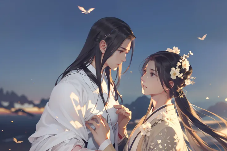 A handsome Chinese boy and girl、full bodyesbian、Look at each other，Gentle eyes，Clear facial features，Correct perspective，wearing a hanfu，The body is surrounded by white mist，Magpies fly around，Holographic reality，holographic halo，dynamic blur，Game lighting...