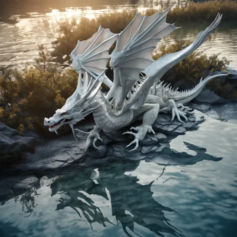 (close up, aerial view)1white dragon, lake and water, Best quality, Masterpiece, 超高分辨率, (photograph realistic:1.4), surrealism, Dream-like,fusionart, Shadowdancer, shadow magic, darkness control, stealth, shadowstep, umbral spells, hidden blade,