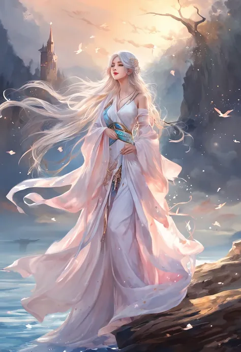 (best qualtiy，tmasterpiece), Beautiful teenage girl, Beautiful goddess, Sexy goddess, Sword Fairy, Royal Sword Flight, Floating in the air, white crane, The right hand, One shoulder, A long flowing dress, silber hair, Costume hair outfit,  Beautiful hair a...