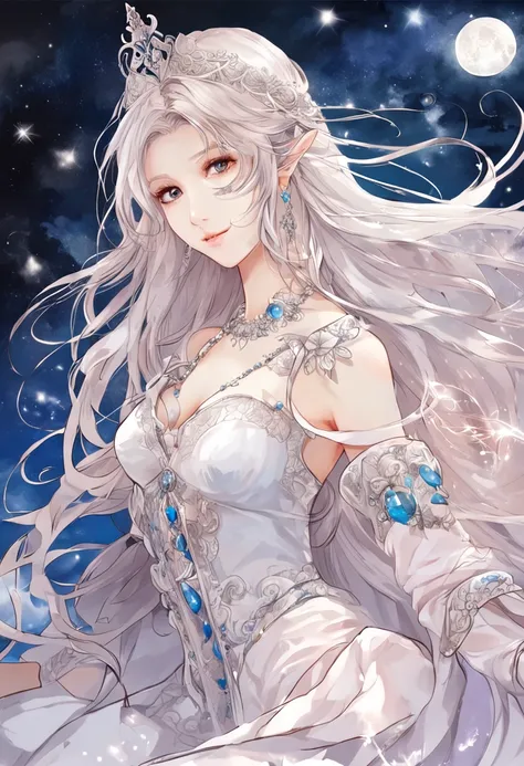 (best qualtiy，tmasterpiece), Beautiful teenage girl, Beautiful goddess, Sexy goddess, Sword Fairy, Royal Sword Flight, Floating in the air, white crane, The right hand, One shoulder, A long flowing dress, silber hair, Costume hair outfit,  Beautiful hair a...