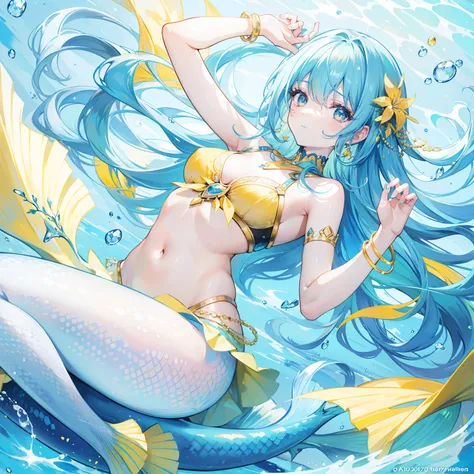 Yellow-blue hair，The yellow and blue clothes are embellished with silver jewelry，Its a cute mermaid beautiful girl