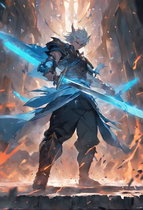 A reloaded swordsman，Super thick armor wraps around the entire body，A giant sword with both hands on the ground，The blue spinning sword qi overflowed，，Blood，depth of fields，dynamic blur，high light，Real light，Ray traching，oc rendered，Hyper-realistic，best qu...