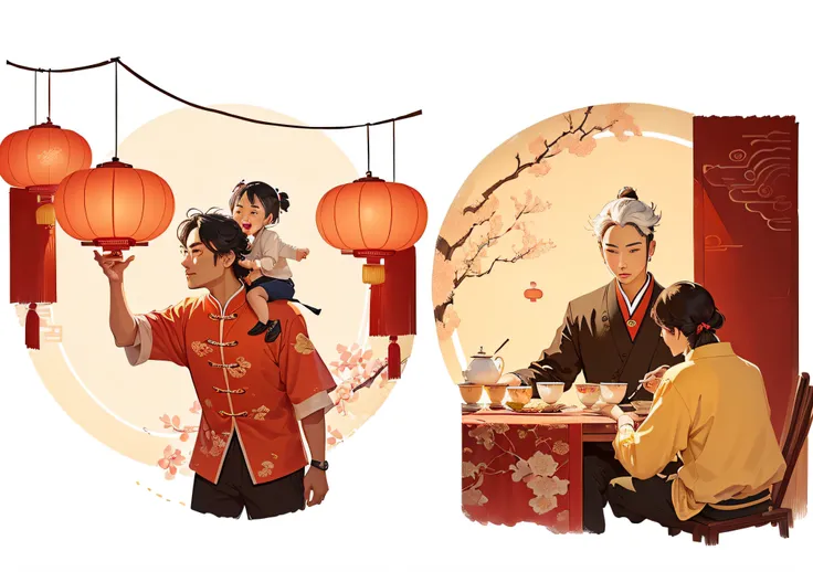 Illustration of a man and a woman eating Chinese food and drinking tea, author：Yan Hui, Chinese New Year in Shanghai, illustration”, author：Jeka Kemp, Chinese traditional, tradition, author：Inglida Juniper, Chinese painting style, inspired by Lu Guang, Ill...