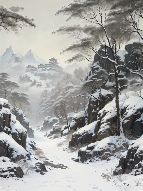 snowy scene of a mountain with a path and trees, korean artist, qi sheng luo, inspired by Huang Binhong, inspired by Wang Jian, by Shen Shichong, bo xun ling, inspired by Lu Zhi, by Yun Du-seo, zhuoxin ye, inspired by Liu Jun, inspired by Huang Tingjian