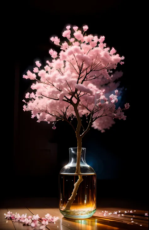 sakura tree in a bottle, fluffy, realistic, atmospheric light refraction, by lee jeffries nikon d850 film stock photograph 4 kodak portra 400 camera f1.6 lens rich colors hyper realistic lifelike texture dramatic lighting unreal engine trending on artstati...