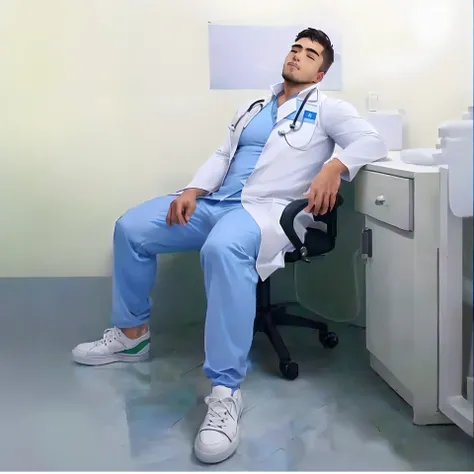 a male in a white tight fitting transparent lab coat sitting on a chair, handsome face with detailed facial features, mega muscles, stocky chubby masculine body, his left elbow is resting on table, high right hand is resting on his right thigh, thick body,...