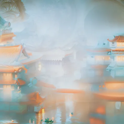 waterface，lotuses，Lotus leaf，Bridge crossed，Chinese-style buildings on both sides，（dreamy glow, Global illumination, Ray traching, hdr, unreal render, reasonable design, high detal, Masterpiece, Best quality, hyper HD, Cinematic lighting）