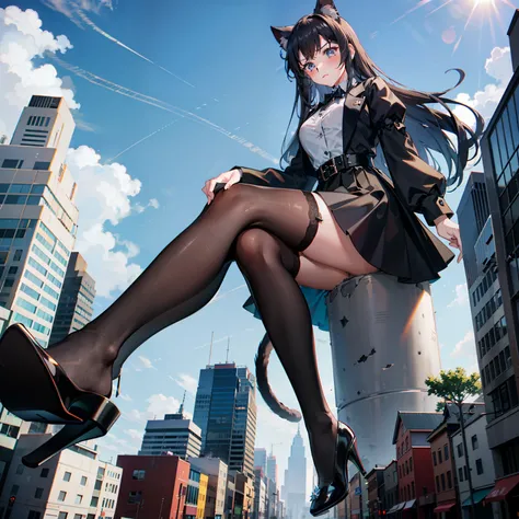 GTS, Giantess, cat ear, Light frown, Looking down, sky, Sheer white shirt, Black skirt, black lence stockings，Block sunlight, high-heels, Stomping, disrupt, buildings collapsed