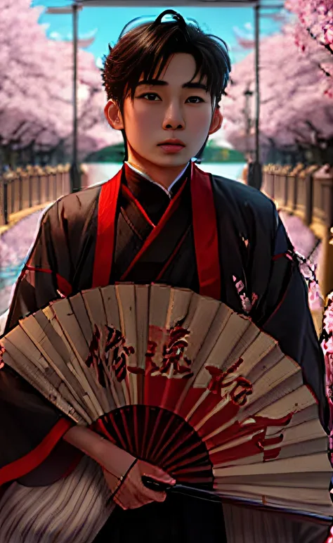 4K anime style boy,23-year-old youth,red color Hanfu,Cherry blossoms in background,Red and black boats