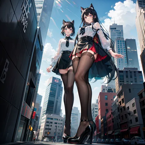 GTS, Giantess, cat ear, Light frown, Looking down, sky, Sheer white shirt, Black skirt, black lence stockings，Block sunlight, high-heels, Stomping, disrupt, buildings collapsed