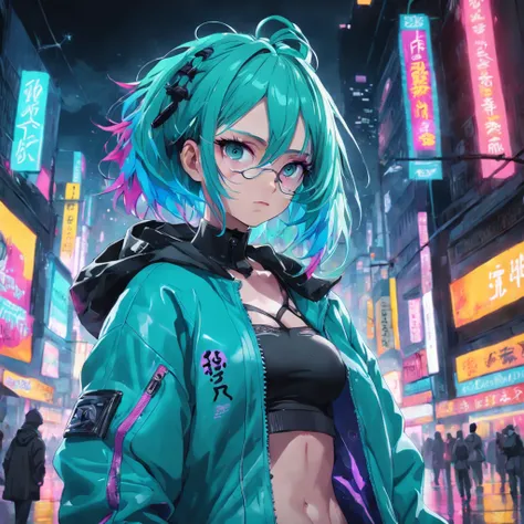 ((Best Quality)), ((Masterpiece)), ((Realistic)) and ultra-detailed photography of a 1nerdy girl with goth and neon colors. She has ((turquoise hair)), wears a techwear jacket and exudes a vibe ((beautiful and aesthetic)), sexy, underboobs, hot