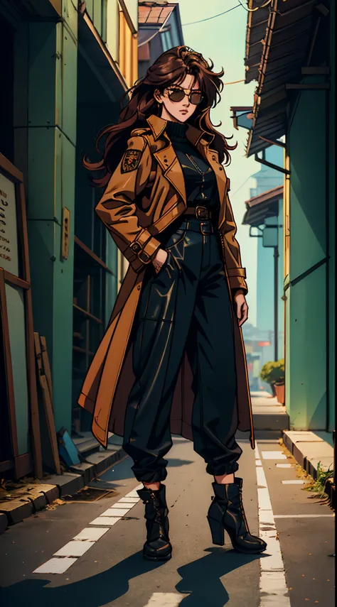 a beautiful woman with voluminous orange-brown long hair, featuring well-defined and deep facial features, her eyes emanate a resolute gaze, she is dressed in a form-fitting leather jacket and pants in shades of dark red and dark yellow, layered over her a...