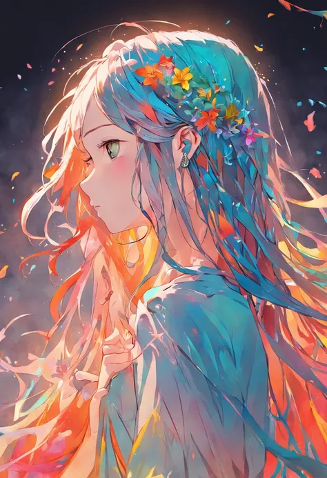 (Beauty side face,Long colored hair,close eyes,Masterpiece narcissus),rainbow colored background, (illustration:1.2,paper art:1.2, zentangle, 3D render),(Best quality, high detailed, Masterpiece, Cinematic Lighting, 4K, Chiaroscuro)