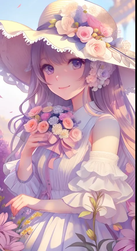 Master parts, best qualityer, 2girls, soio, Long hair, Behold the_Show on the_visualizador, ssmile, rim, a skirt, Camisa, sleeved, Hats, shift dresses, the bow, predio, Clos_bocchi, florals, Frilly, Hair_florals, petals, Bouquet, predio_florals, centre_Fri...