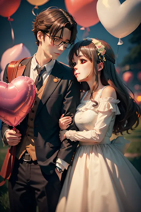 man and woman in love,Heart-shaped balloons surround them， Anime style, Ghibli-like colors, Cinematic lighting, 4K, High quality, High details