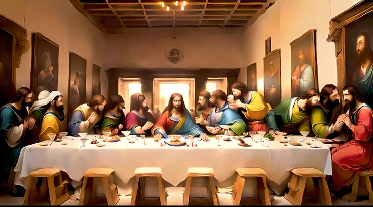 arafed image of a group of people sitting around a table, !!posing_as_last_supper, last supper realistic robot, called the last supper, last supper composition, in da vinci style, last supper, the last supper, aliens in the last supper, inspired by Petrus ...