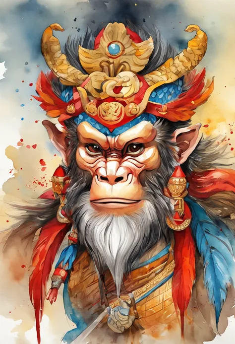 Sun Wukong, the Monkey God ::3 vibrant colors, bold colors, fiery colors, red and gold ::2 energetic brush strokes, dynamic lines, flowing lines, expressive lines ::1 mythical, fantastical atmosphere, magical elements, glowing effects ::1 detailed facial f...