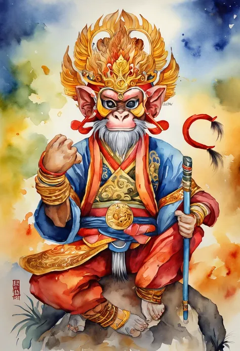 Sun Wukong, the Monkey God ::3 vibrant colors, bold colors, fiery colors, red and gold ::2 energetic brush strokes, dynamic lines, flowing lines, expressive lines ::1 mythical, fantastical atmosphere, magical elements, glowing effects ::1 detailed facial f...