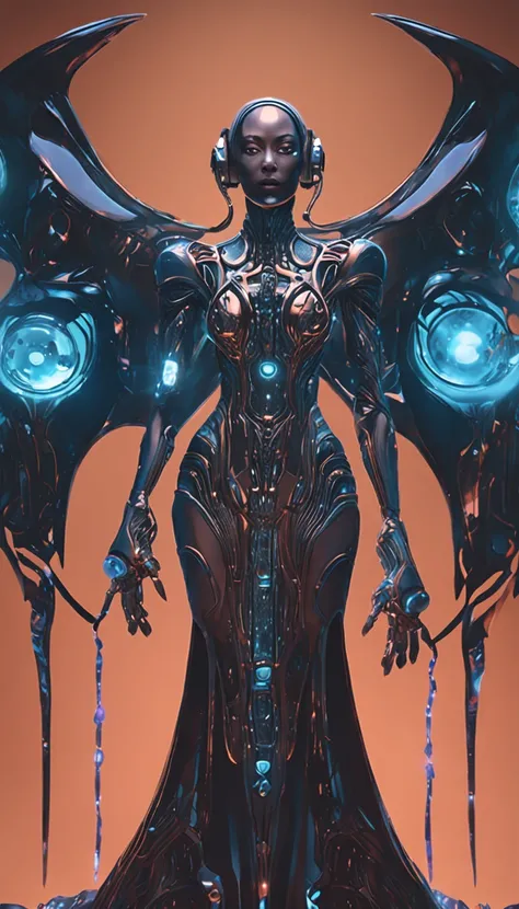 chrometech, metallic female cyborg wearing Patterned Bodysuit, Obsidian Black Necromancer Robe with Phantasmal Orbs: Phantasmal orbs float around the robe, exuding an eerie aura., (Byte Blue,Bright Midnight color background:1.3)