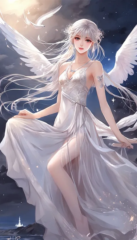 (best qualtiy，tmasterpiece), Beautiful teenage girl, Beautiful goddess, Sexy goddess, Sword Fairy, Floating in the air, white crane, The right hand, A long flowing dress, Slender legs Silver hair, By bangs, Tie a ponytail,  Beautiful hair accessories, Deta...