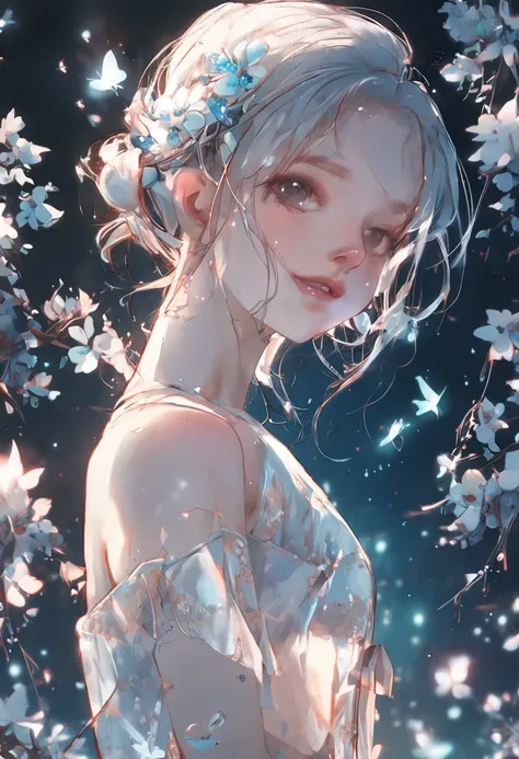 (best qualtiy，tmasterpiece), Beautiful teenage girl, Beautiful goddess, ((The shirt, short  skirt, Floral)), Beautiful hair accessories, Pear Flower Forest, Detailed scenes, the night, starrysky, cold light, (cyan colors, white colors), ((From the side Sid...