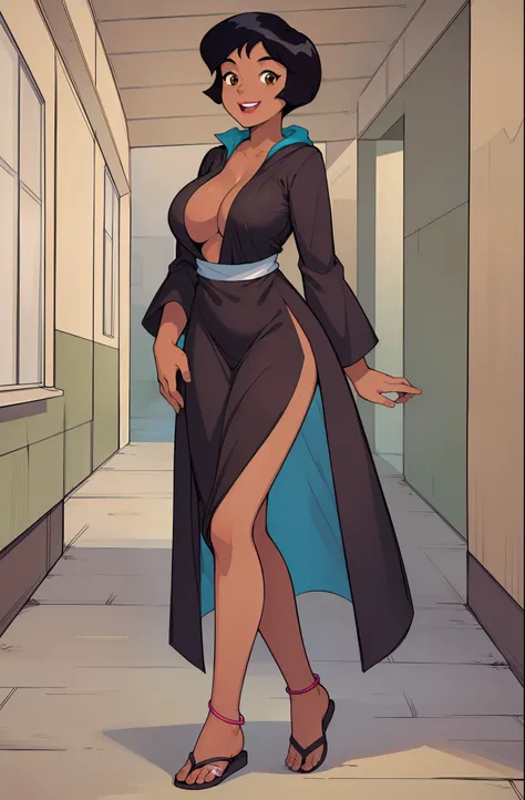 ((masterpiece, best quality)), 1girl,solo, upper body, alex, short hair, black hair, brown eyes, dark skin, tan, lipstick, black shirt, retro artstyle, gradient background,smile, walking, big breast,full body, flipflops, village , long robe, feet