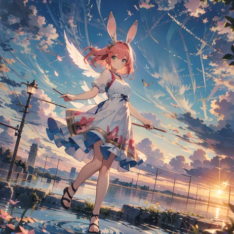 Clouds float in the sky，The setting sun dyed the wings red，The girl smiled happily，Long pink hair fluttering。She stepped on ancient Roman sandals，Dynamic hair texture blur of hair, Like a movie shot。Its a masterpiece，High-quality graphics，With depth of fie...